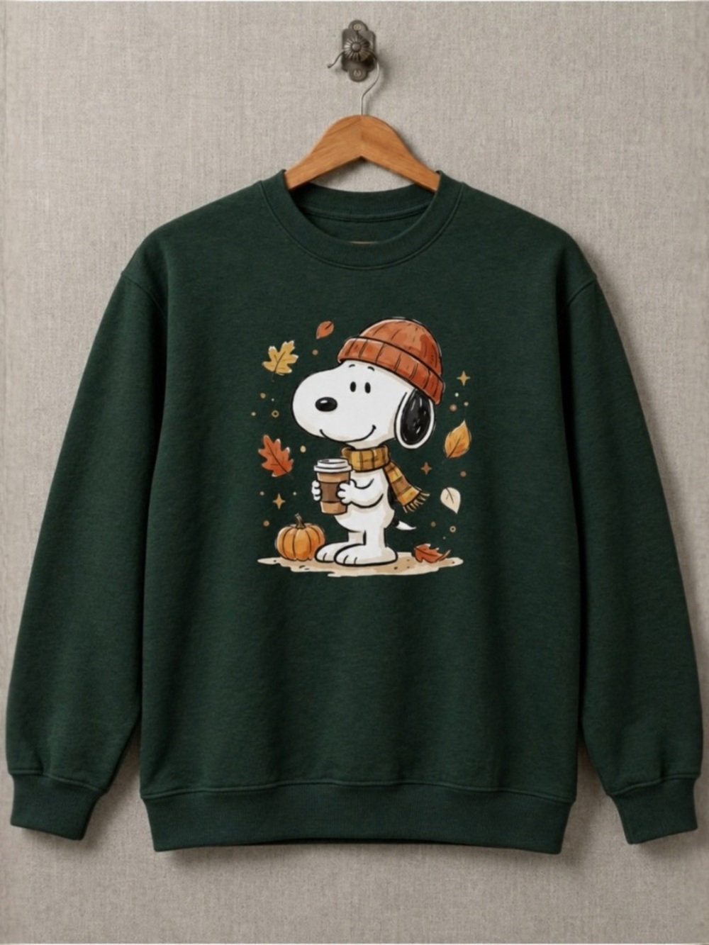 Peanuts Snoopy Coffee Pumpkin Fall Autumn Leaves Beanie Forest Green Sweatshirt
